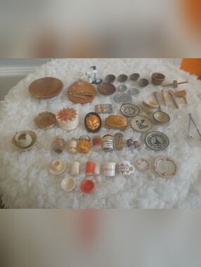 Vintage Miniature Dollhouse Food & Pantry Items Jars Plates Cups Utensils Lot